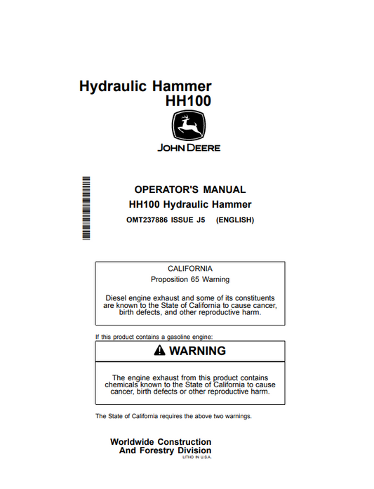 JOHN DEERE HH100 HYDRAULIC HAMMER OPERATOR MANUAL OMT237886