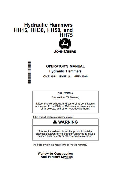 JOHN DEERE HH15, HH30, HH50, HH75 HYDRAULIC HAMMER OPERATOR MANUAL OMT235541