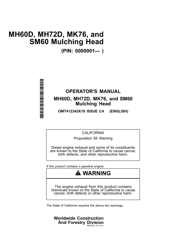 JOHN DEERE MH60D, MH72D, MK76, SM60 MULCHING HEAD OPERATOR MANUAL OMT412343X19