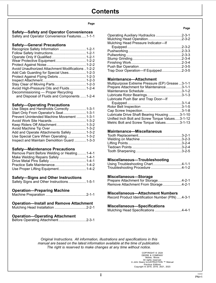 JOHN DEERE MH60D, MH72D, MK76, SM60 MULCHING HEAD OPERATOR MANUAL OMT412343X19