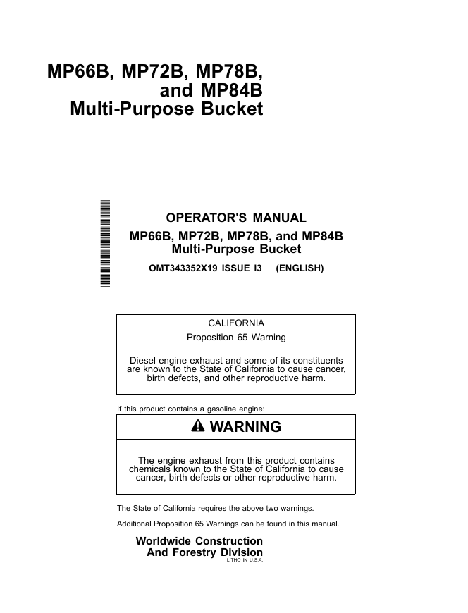 JOHN DEERE MP66B, MP72B, MP78B AND MP84B MULTI-PURPOSE BUCKET OPERATOR MANUAL OMT343352X19
