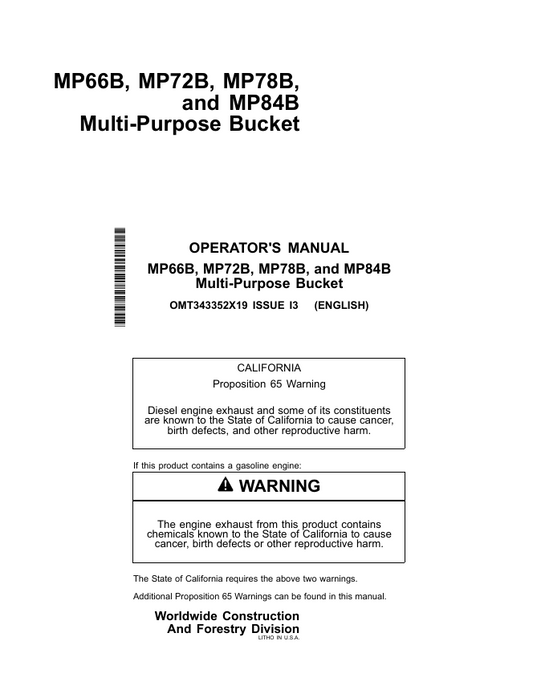 JOHN DEERE MP66B, MP72B, MP78B AND MP84B MULTI-PURPOSE BUCKET OPERATOR MANUAL OMT343352X19