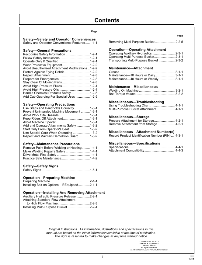 JOHN DEERE MP66B, MP72B, MP78B AND MP84B MULTI-PURPOSE BUCKET OPERATOR MANUAL OMT343352X19