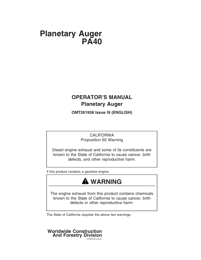 JOHN DEERE PA40 PLANETARY AUGER OPERATOR MANUAL OMT261938