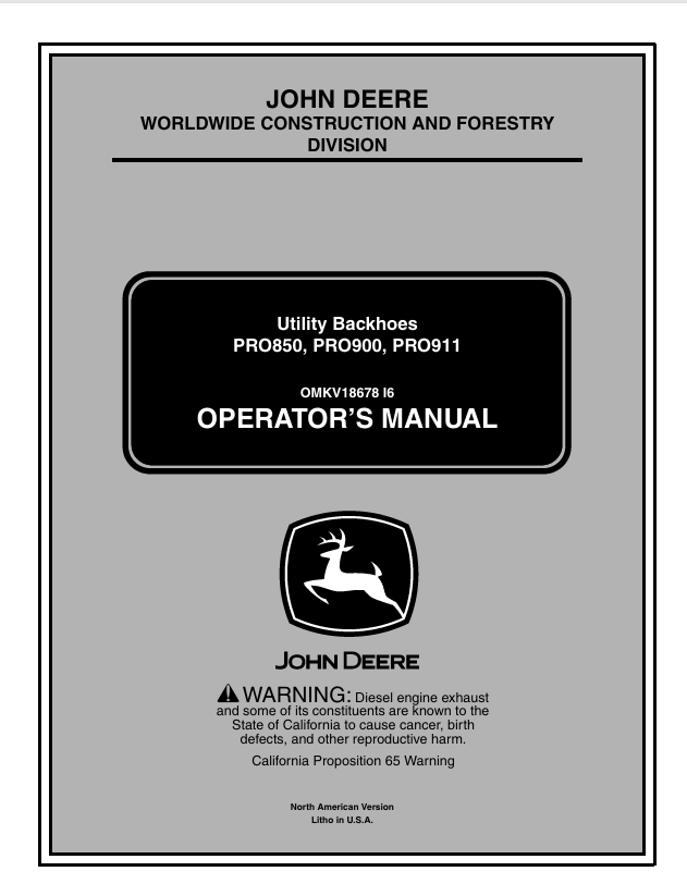 JOHN DEERE PRO850, PRO900, PRO911 UTILITY BACKHOE OPERATOR MANUAL OMKV18678