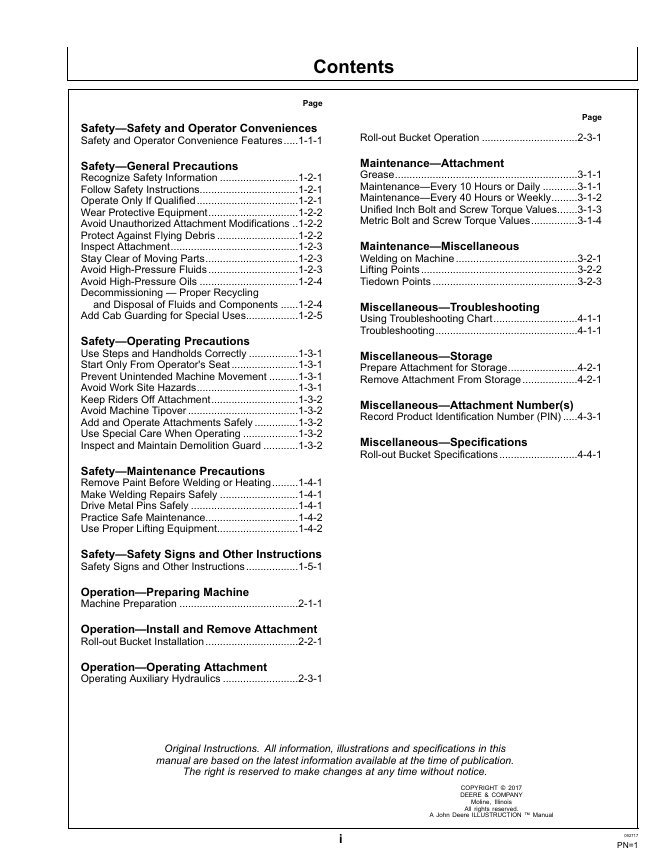 JOHN DEERE RB72, RB84 AND RB96 ROLL-OUT BUCKET OPERATOR MANUAL OMT404932X19