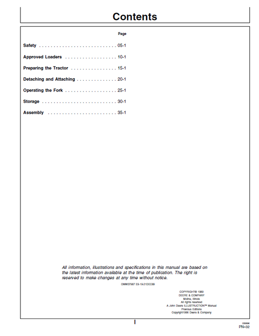 JOHN DEERE ROUND BALE FORK ATTACHMENT FOR 100 & 200 SERIES FARM LOADERS OPERATOR MANUAL OMW37987