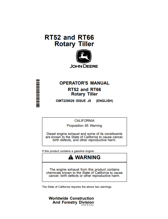 JOHN DEERE RT52 AND RT66 ROTARY TILLER OPERATOR MANUAL OMT229529