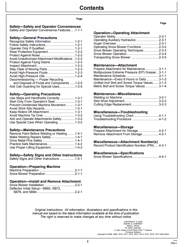 JOHN DEERE SB60, SB60B, SB72, SB72B, SB72D, SB72H, SB78, SB78B, SB78D, SB78H, SB84, SB84B, SB84D AND SB84H SNOW BLOWER OPERATOR MANUAL OMT248111