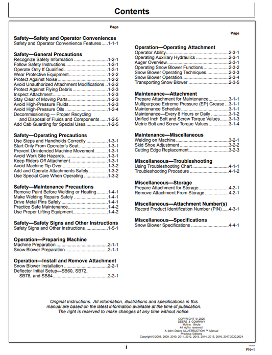JOHN DEERE SB60, SB60B, SB72, SB72B, SB72D, SB72H, SB78, SB78B, SB78D, SB78H, SB84, SB84B, SB84D AND SB84H SNOW BLOWER OPERATOR MANUAL OMT248111