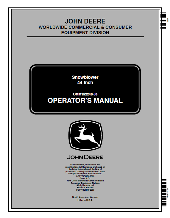 JOHN DEERE SNOWBLOWER 44-INCH OPERATOR MANUAL OMM152248