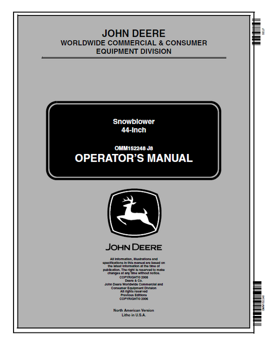 JOHN DEERE SNOWBLOWER 44-INCH OPERATOR MANUAL OMM152248
