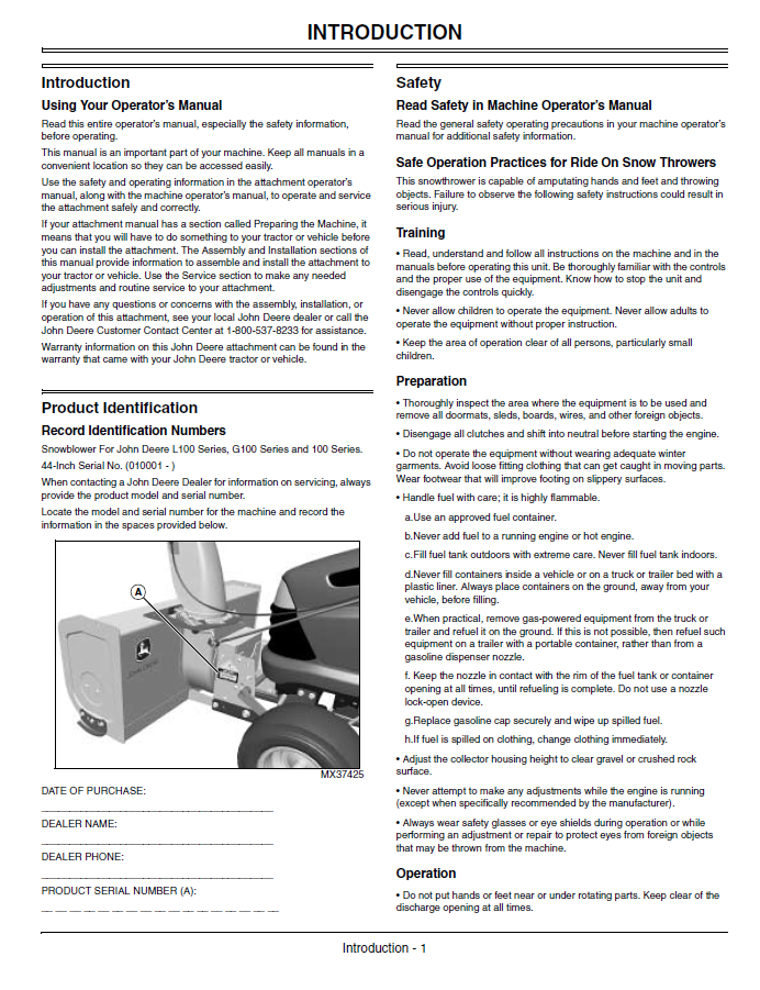 JOHN DEERE SNOWBLOWER 44-INCH OPERATOR MANUAL OMM152248