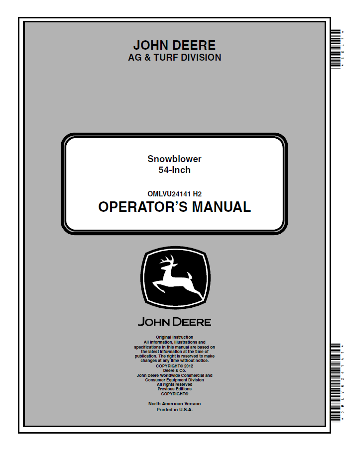 JOHN DEERE SNOWBLOWER 54 INCH AR & TURF DIVISION OPERATOR MANUAL OMLVU24141