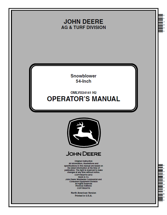 JOHN DEERE SNOWBLOWER 54 INCH AR & TURF DIVISION OPERATOR MANUAL OMLVU24141