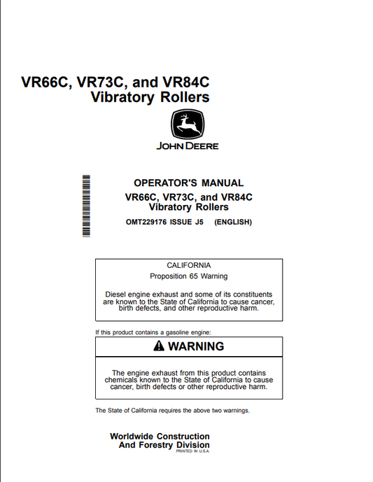 JOHN DEERE VR66C, VR73C, VR84C VIBRATORY ROLLER OPERATOR MANUAL OMT229176