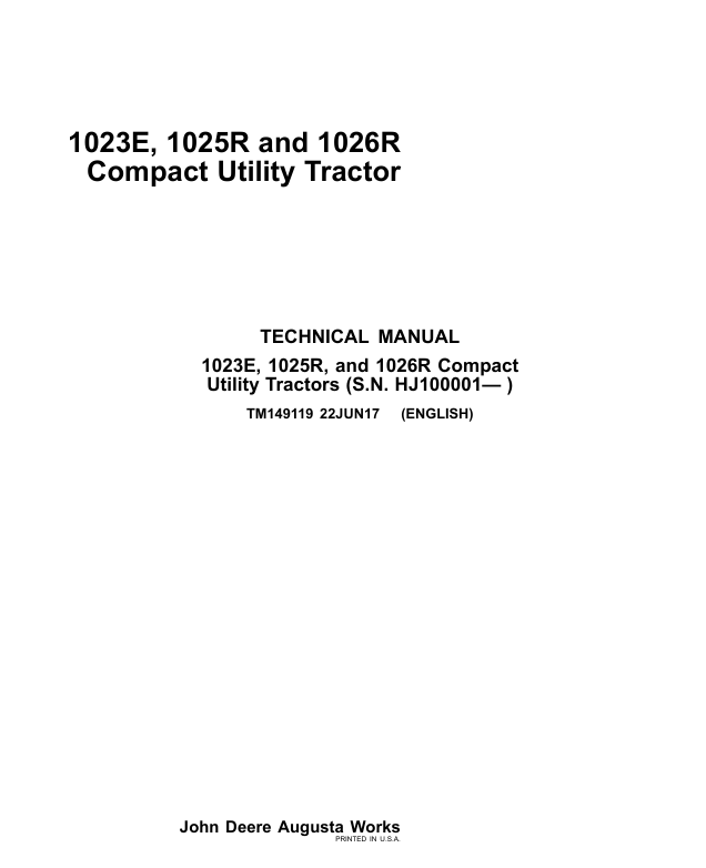 John Deere 1023E 1025R 1026R Compact Utility Tractor Technical Manual TM149119