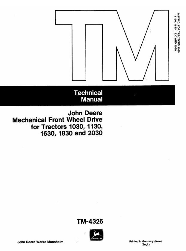 John Deere 1030 1130 1630 1830 2030 Tractor Manual TM4326