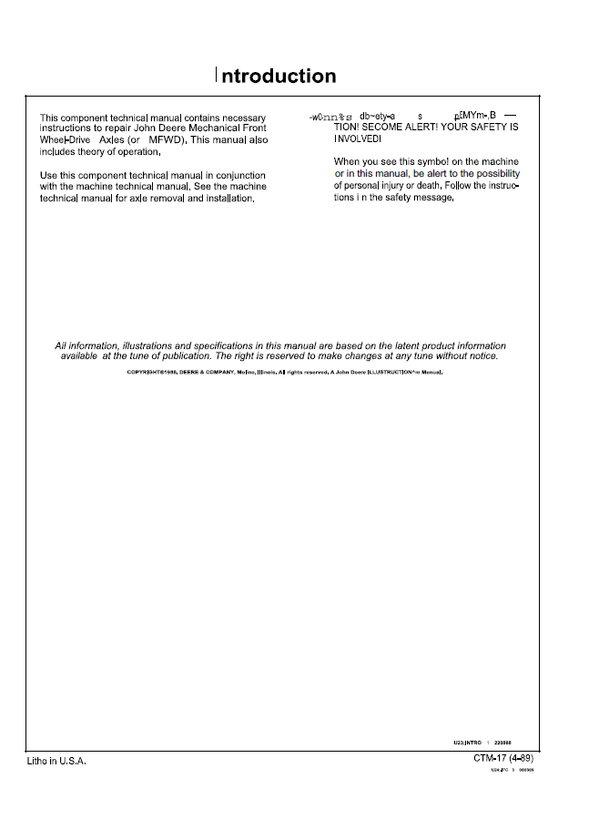 John Deere 1100 Series Front Wheel Drive Axle CTM17 Service Manual