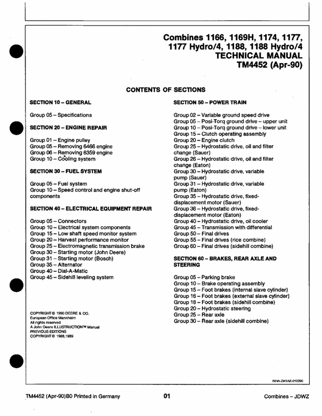 John Deere 1166, 1177 & 1188 Combine Repair Manual TM4452