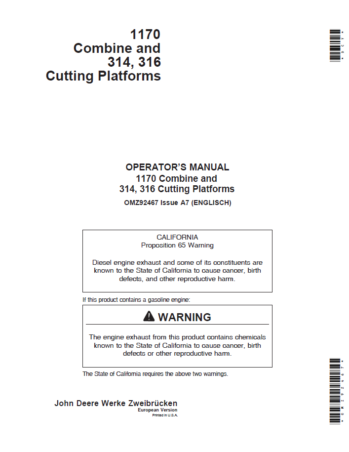 John Deere 1170 Combine 314 & 316 Cutting Platform Operator Manual OMZ92467
