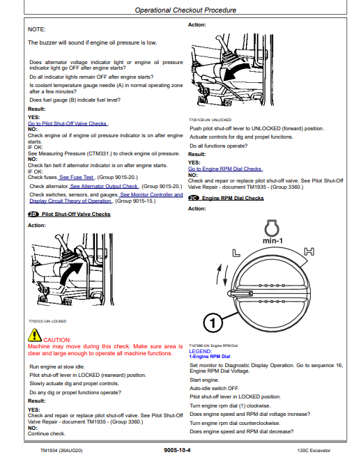 A printed operational procedure sheet with text notes, action steps, diagrams, and small photos showing how to check oil pressure, brake fluid, and shutoff valve conditions on a vehicle.