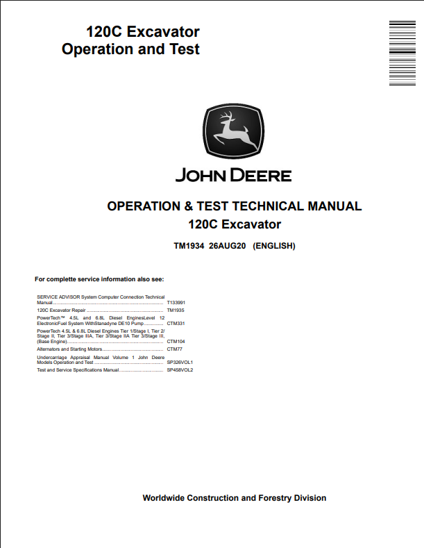 John Deere 120C Excavator Operation and Test Technical Manual cover page, featuring the black John Deere logo and text on a white background.