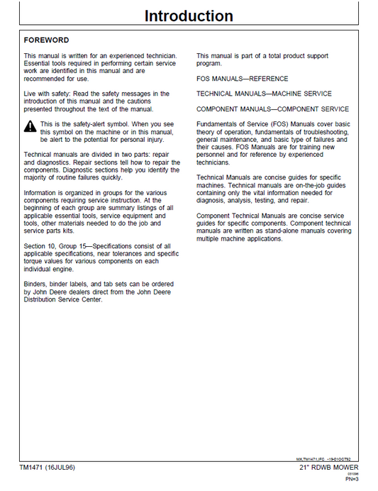 John Deere 12PB–14SZ Series Walk-Behind Mower Repair Manual TM1471