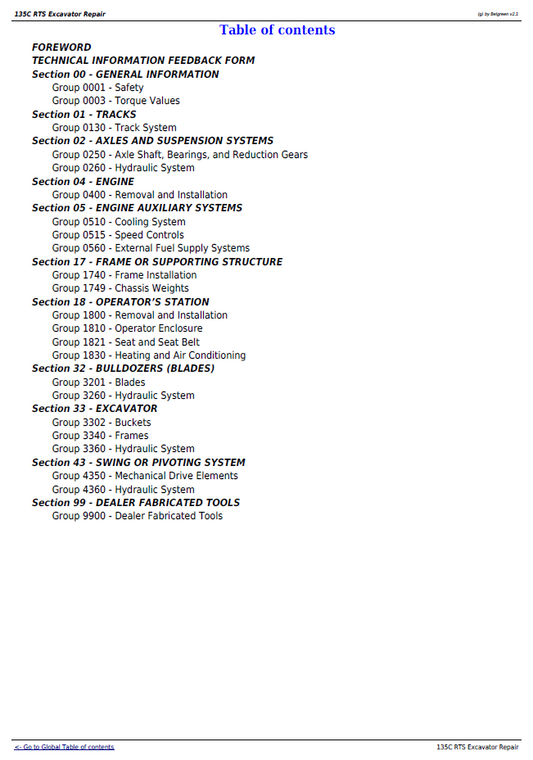 John Deere 135C RTS Excavator TM2094 Service Repair Guide