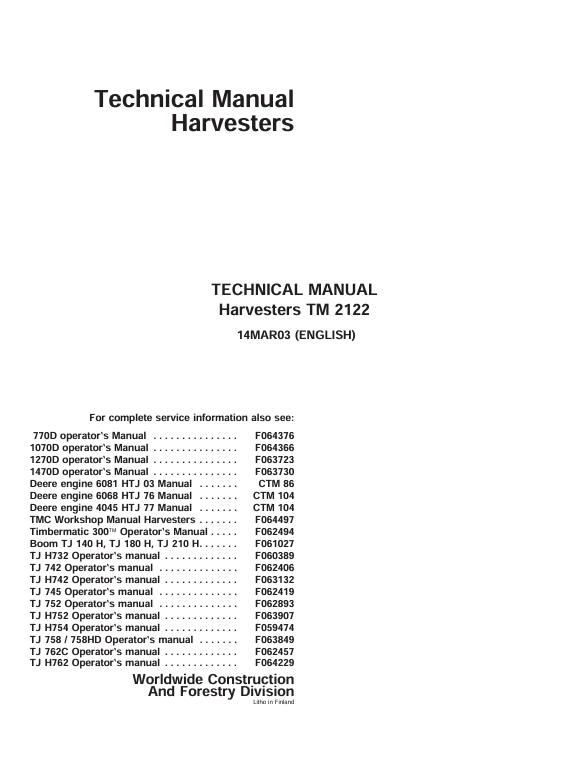 John Deere 1470D Harvester Technical Manual TM2122 – Complete Service Guide
