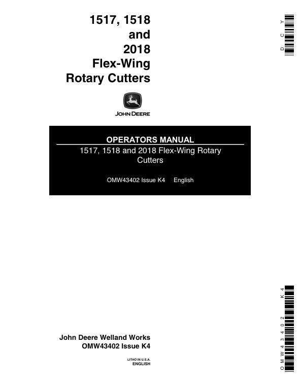 John Deere 1517, 1518 & 2018 Flex-Wing Rotary Cutter Operator Manual OMW43402