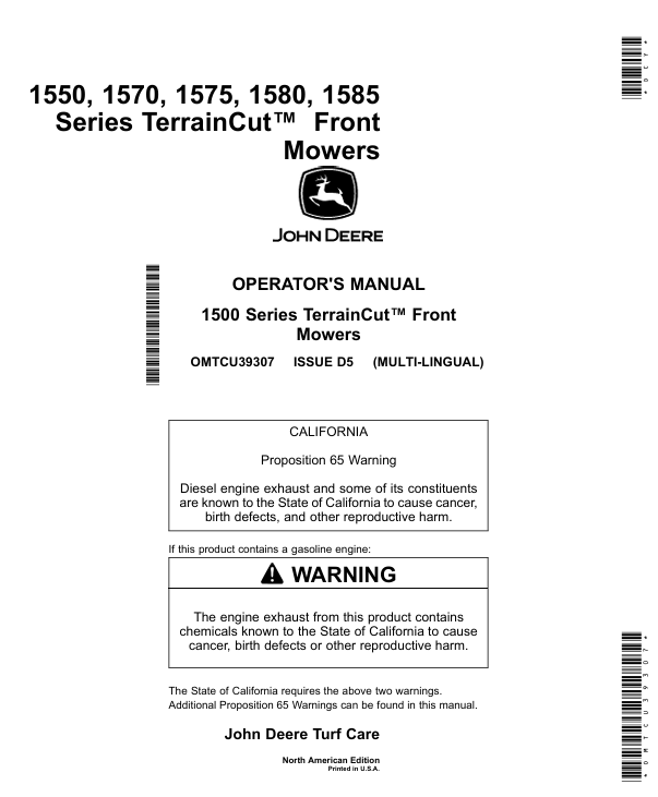 John Deere 1550, 1570, 1575, 1580, 1585 TerrainCut Front Mower Operator Manual OMTCU39307