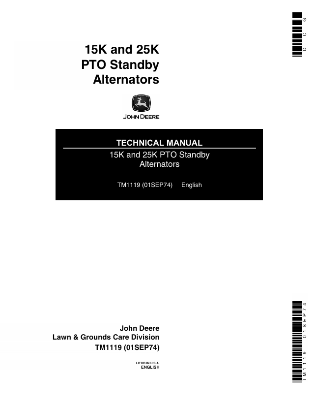 John Deere 15K & 25K PTO Standby Alternator Technical Manual TM1119