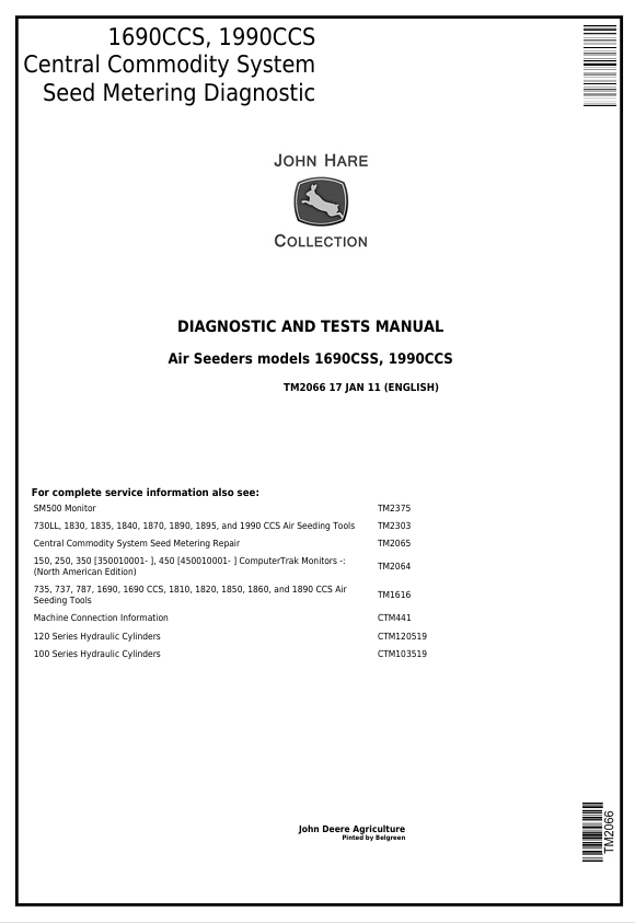 John Deere 1690CSS & 1990CCS Central Commodity System Seed Metering Diagnostic Manual TM2066
