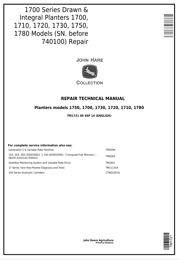 John Deere 1700-1780 Integral Planter Repair Technical Manual TM1721