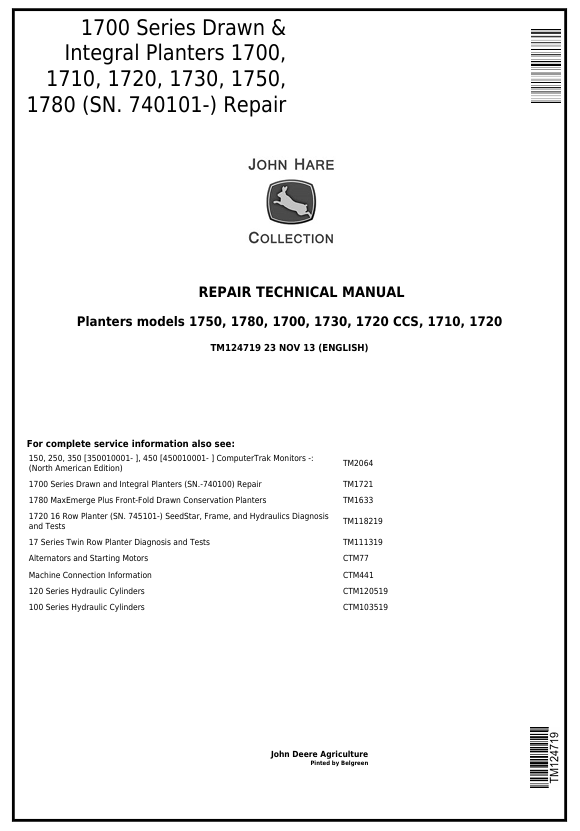 John Deere 1700 1710 1720 1730 1750 1780 Planter Repair Manual TM124719