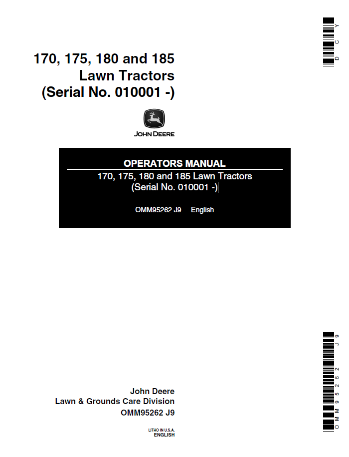John Deere 170 175 180 185 Lawn Tractor Operator Manual PDF OMM95262