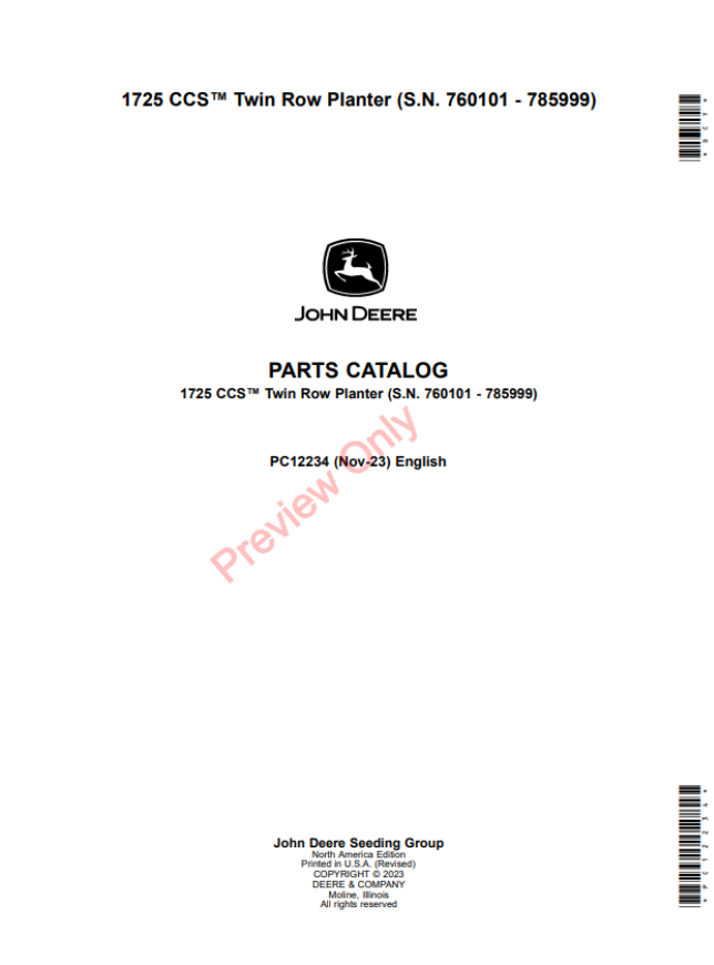 John Deere 1725 CCS Twin Row Planter PC12234 Parts Catalogue Manual