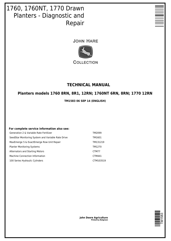 John Deere 1760, 1760NT & 1770 Drawn Planter Diagnostic Repair Manual TM1583
