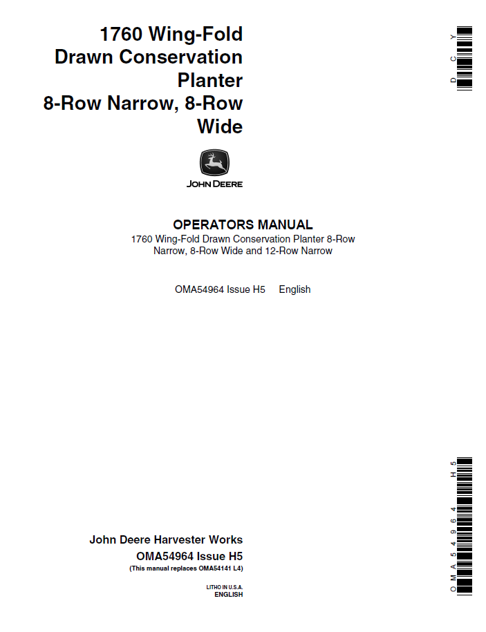 John Deere 1760 Wing-Fold Drawn Planter OMA54964 Operator Manual PDF