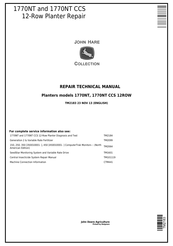 John Deere 1770NT 1770NT CCS 12-Row Planter Repair Manual TM2183