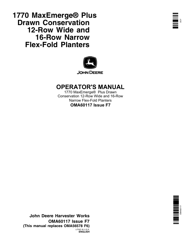 John Deere 1770 MaxEmerge Plus Drawn Conservation Planter Operator Manual OMA60117