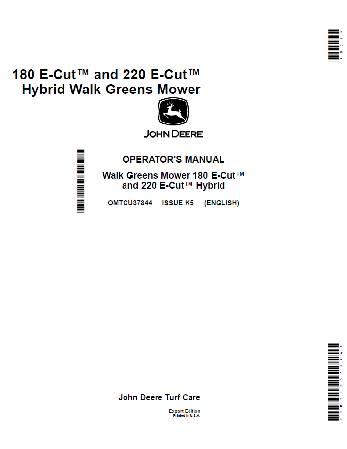 John Deere 180 & 220 E-Cut Hybrid Greens Mower Manual (OMTCU37344)