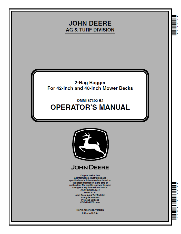 John Deere 2-Bag Bagger 42-Inch 48-Inch Deck Manual OMM167392 PDF