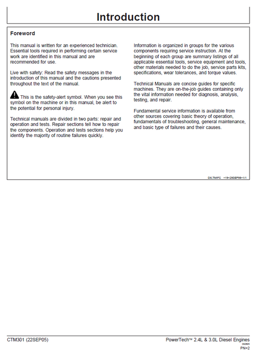 John Deere 2.4L / 3.0L Engine CTM301 Technical Service Manual