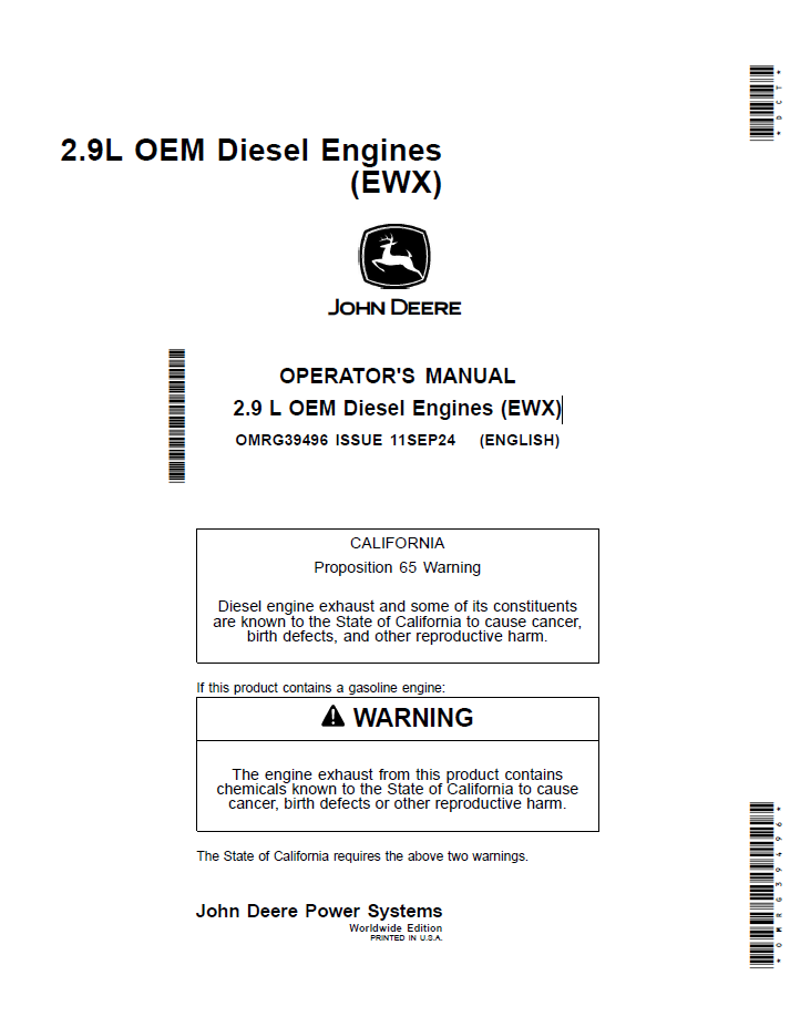 John Deere 2.9L OEM Diesel Engine Operator Manual (OMRG39496)