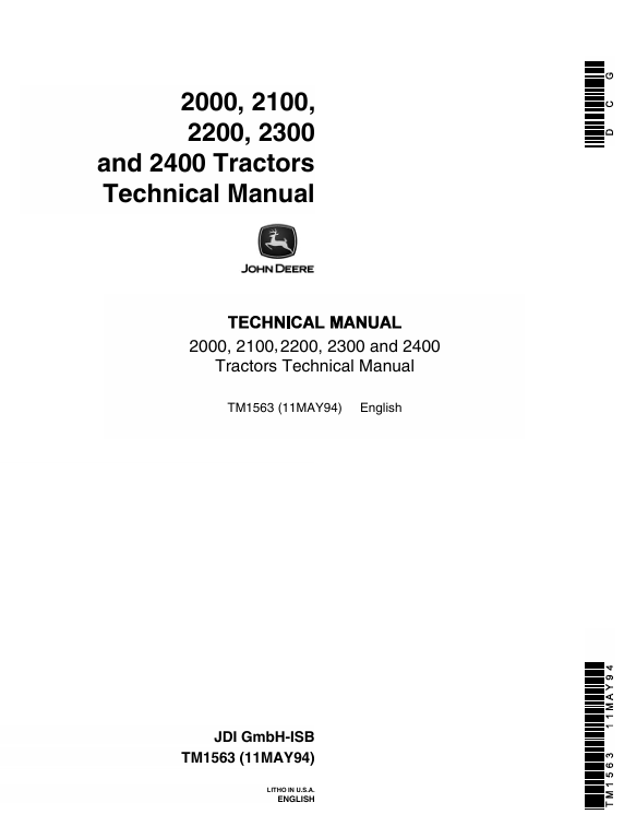 John Deere 2000, 2100, 2200, 2300, 2400 Tractor Technical Manual TM1563