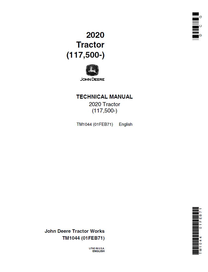 John Deere 2020 Tractor 117,500 Technical Manual TM1044