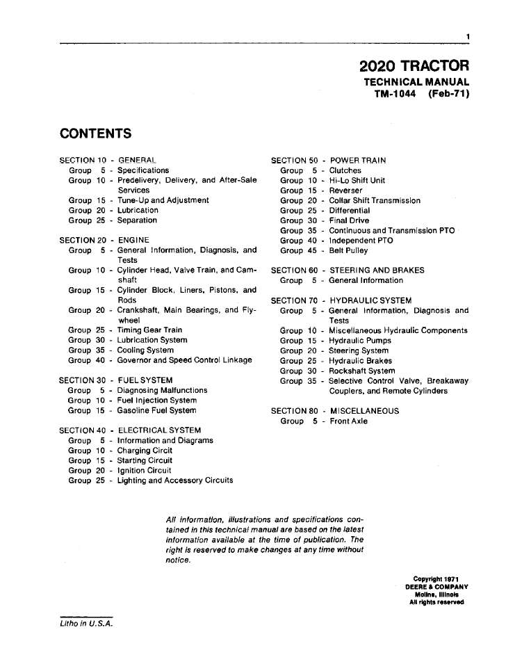 John Deere 2020 Tractor Service & Repair Manual TM1044 PDF