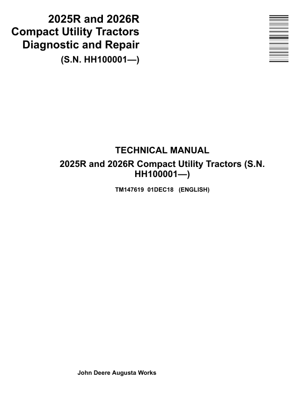 John Deere 2025R & 2026R Compact Utility Tractor Diagnostic and Repair Manual TM147619